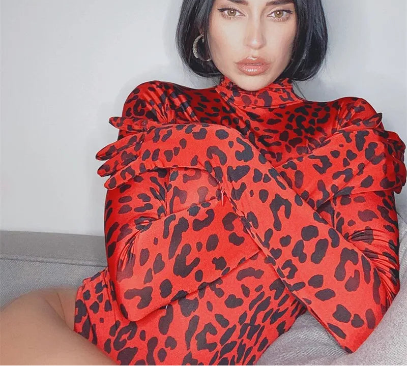 Body Léopard Femme – Col Roulé, Manches Longues et Gants