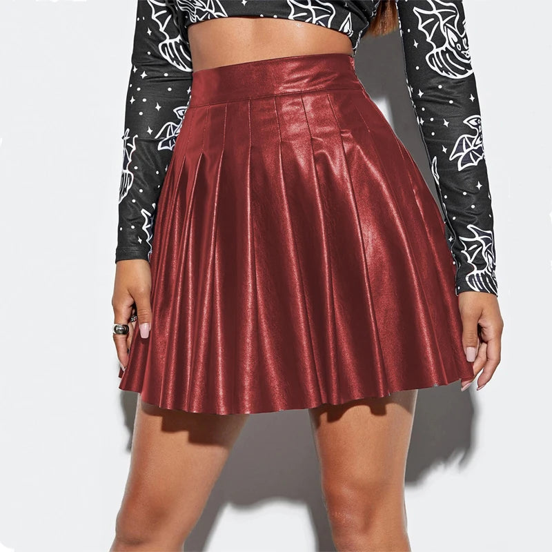 Mini-Jupe Plissée Femme – Similicuir Taille Haute