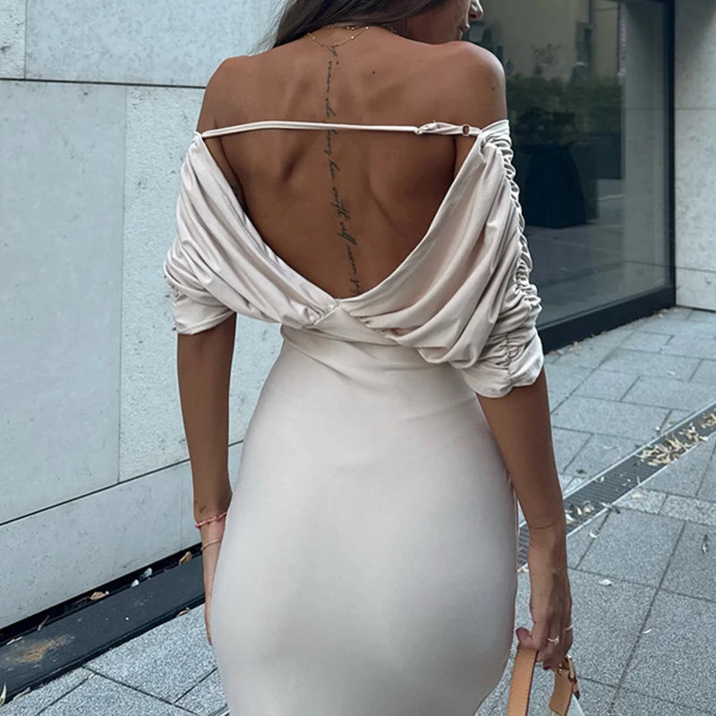 Robe de soirée femme longue à manches plissées et col V