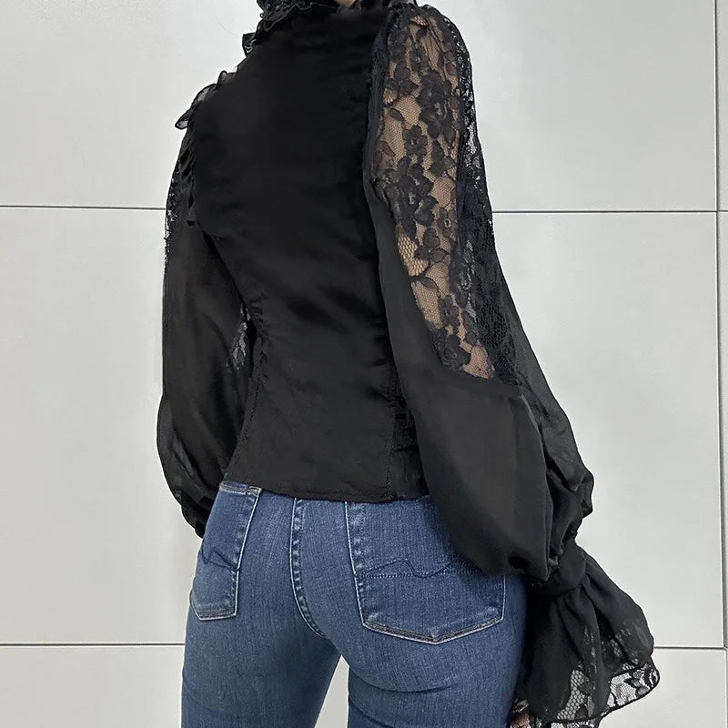 Chemisier femme rétro en dentelle florale à col montant