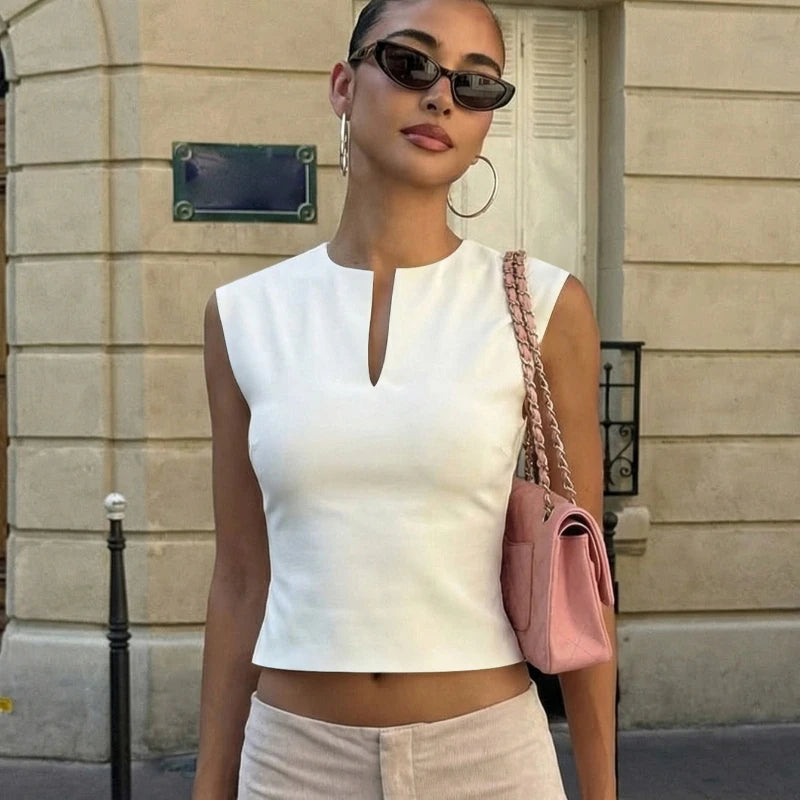 Crop Top Femme Sans Manches à Col V – Style Y2K