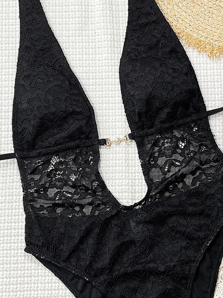 Maillot de Bain 1 Pièce Femme – Dentelle Florale et Dos Nu