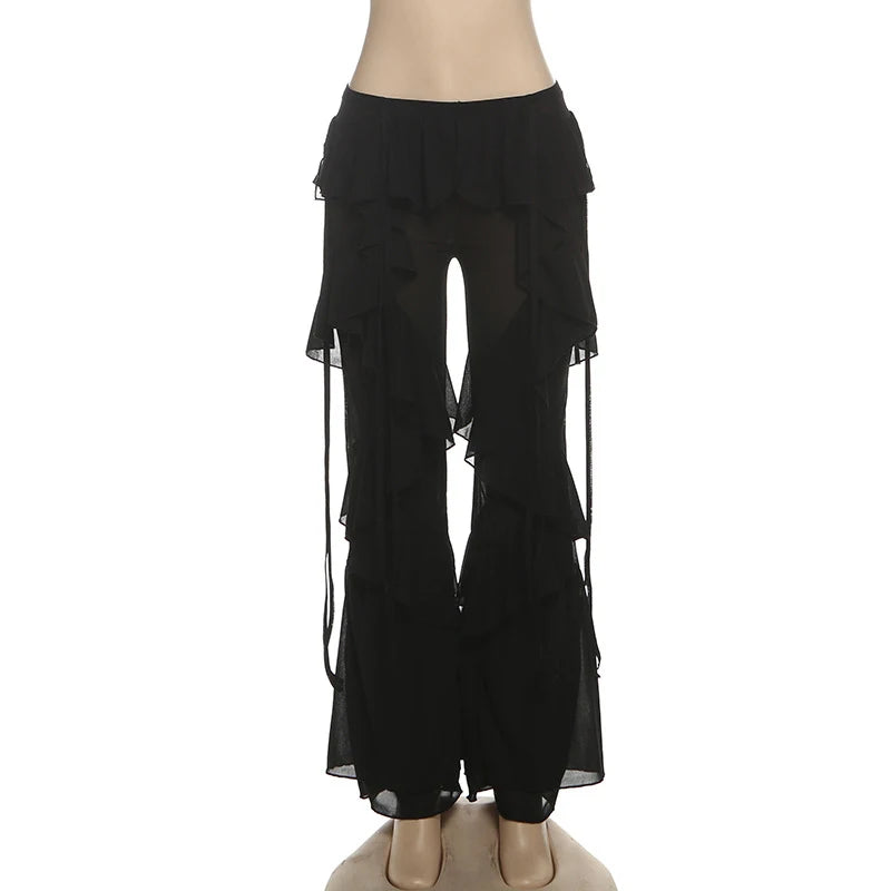 Pantalon long en maille transparente à volants pour femme