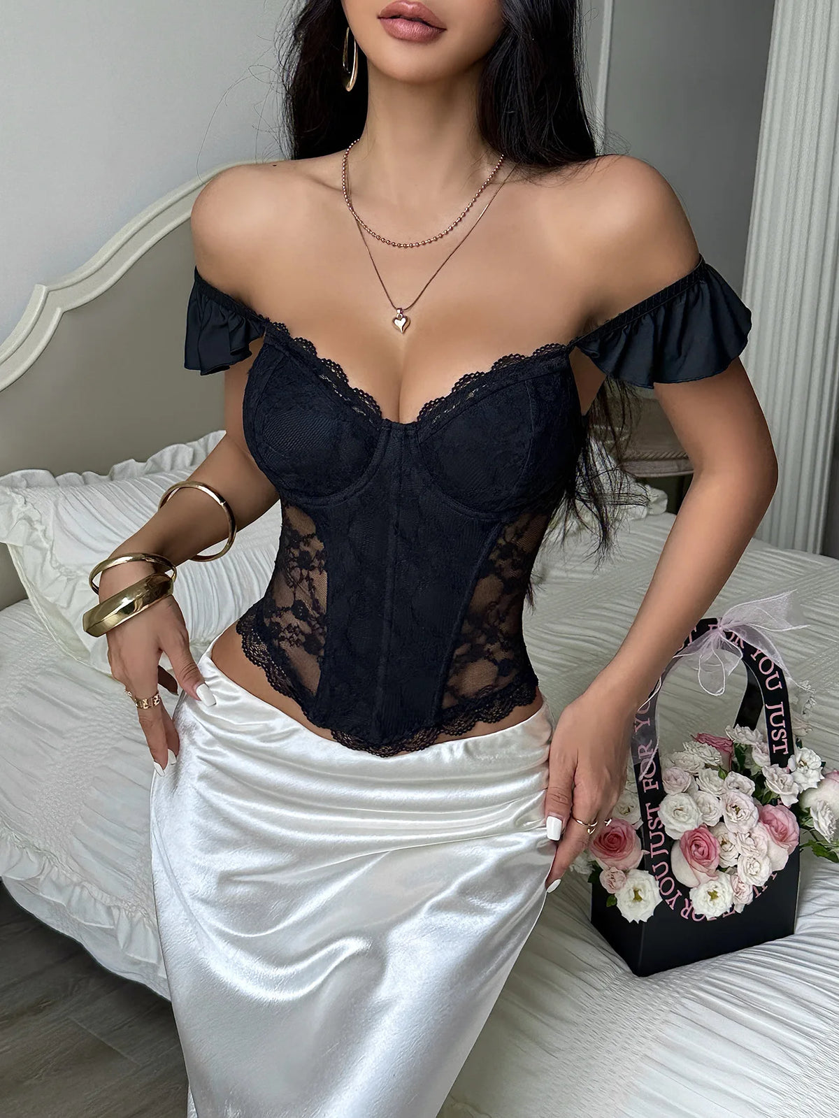 Débardeur Corset Noir Femme – Volants
