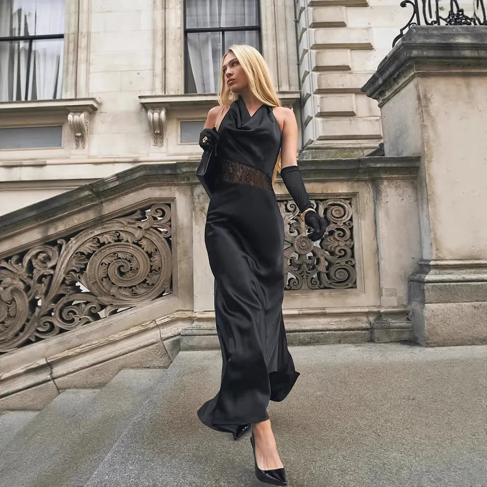 Robe Longue Noire Femme – Col Bénitier, Dos Nu et Dentelle