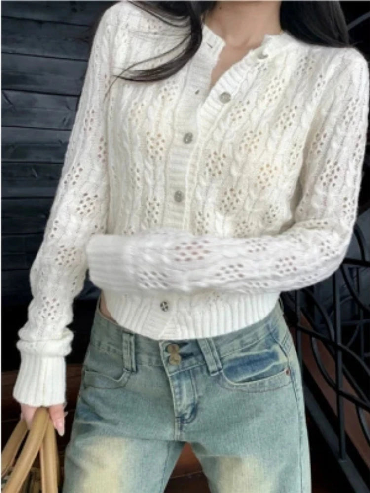 Cardigan Court Ajouré Femme – Style Coréen