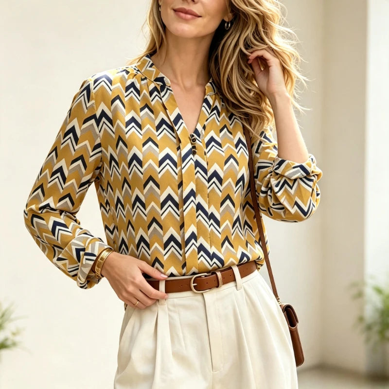 Chemisier à Chevrons Femme – Col Montant Chic