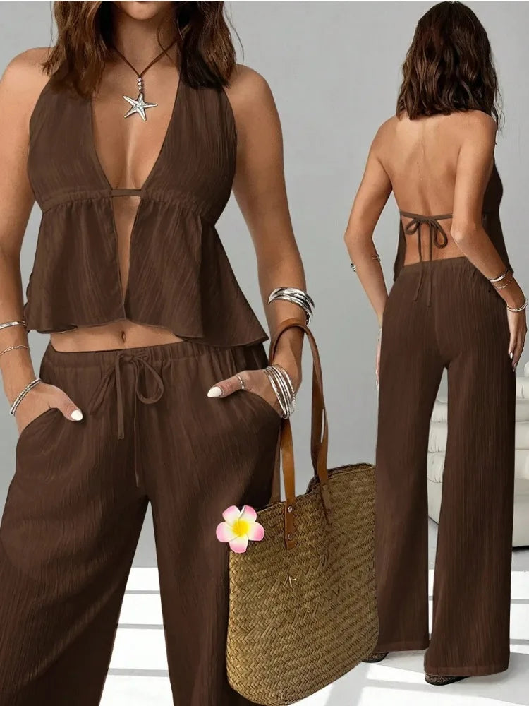 Ensemble Femme – Crop Top Dos Nu à Lacets et Pantalon Long
