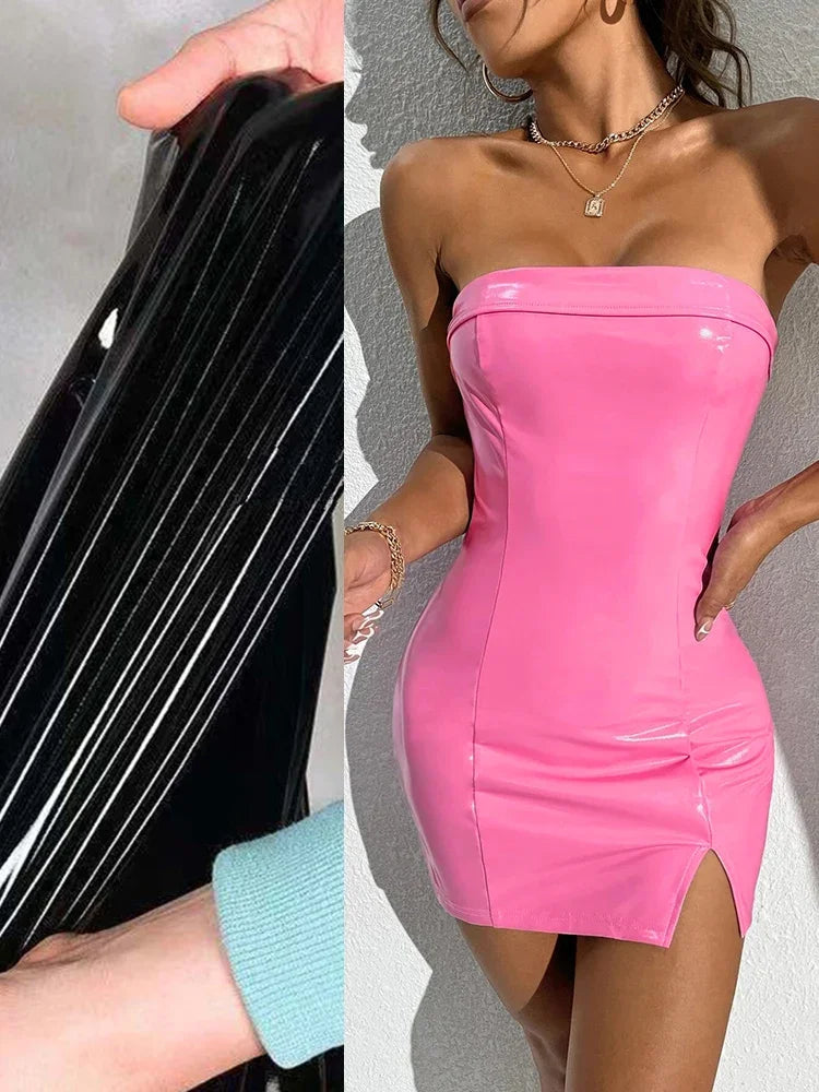Robe Bustier Courte en Similicuir Brillant avec Fente