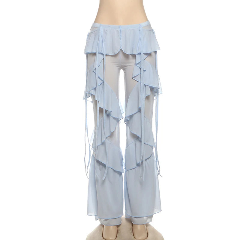 Pantalon long en maille transparente à volants pour femme