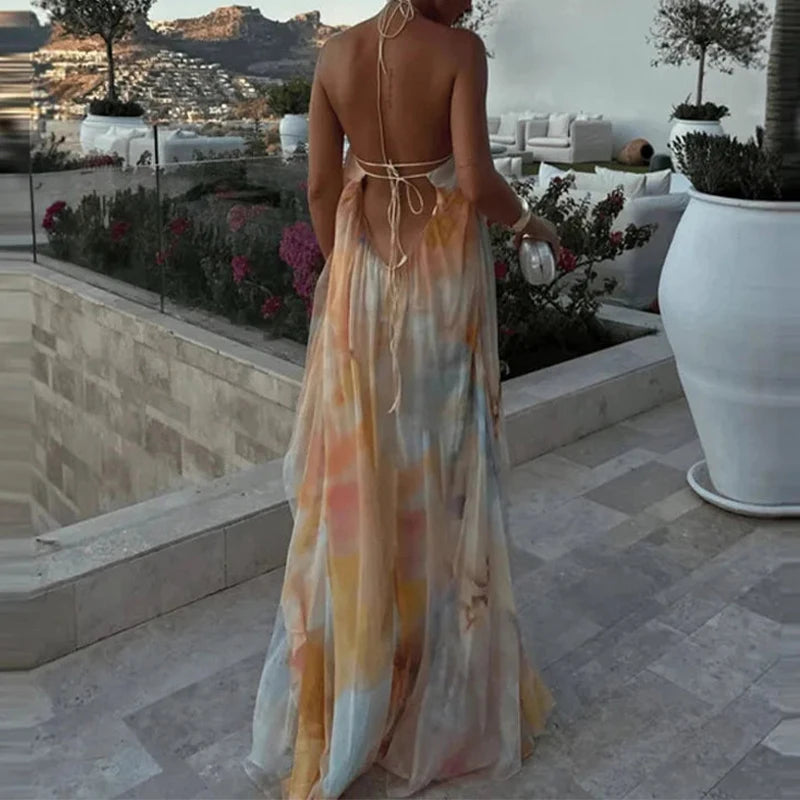 Robe longue tie-dye en maille froncée pour femme