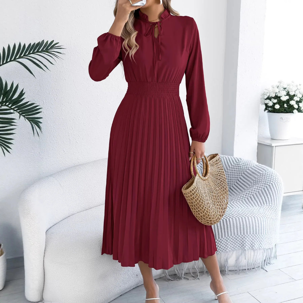 Robe Midi Plissée Femme – Manches Lanternes et Taille Smockée