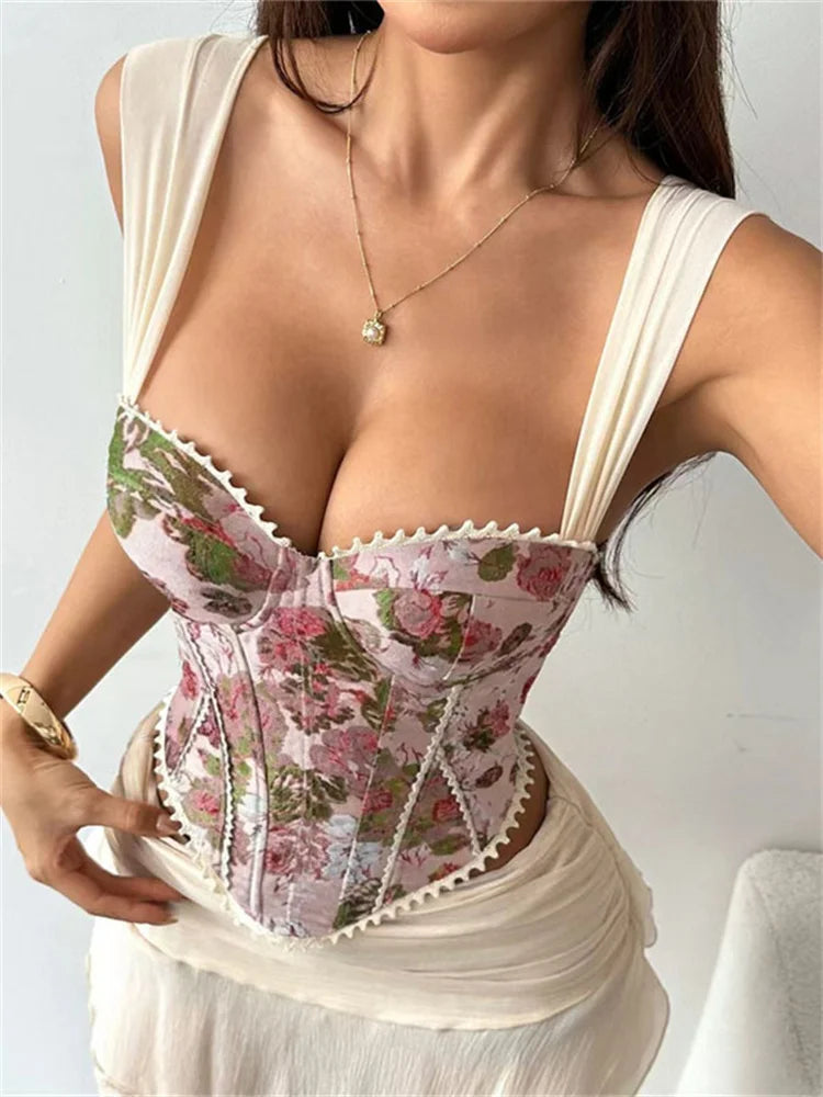 Top corset femme rétro à imprimé roses roses