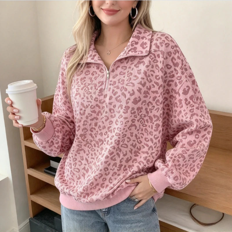 Sweat Léopard Vintage Femme – Col Demi-Zip