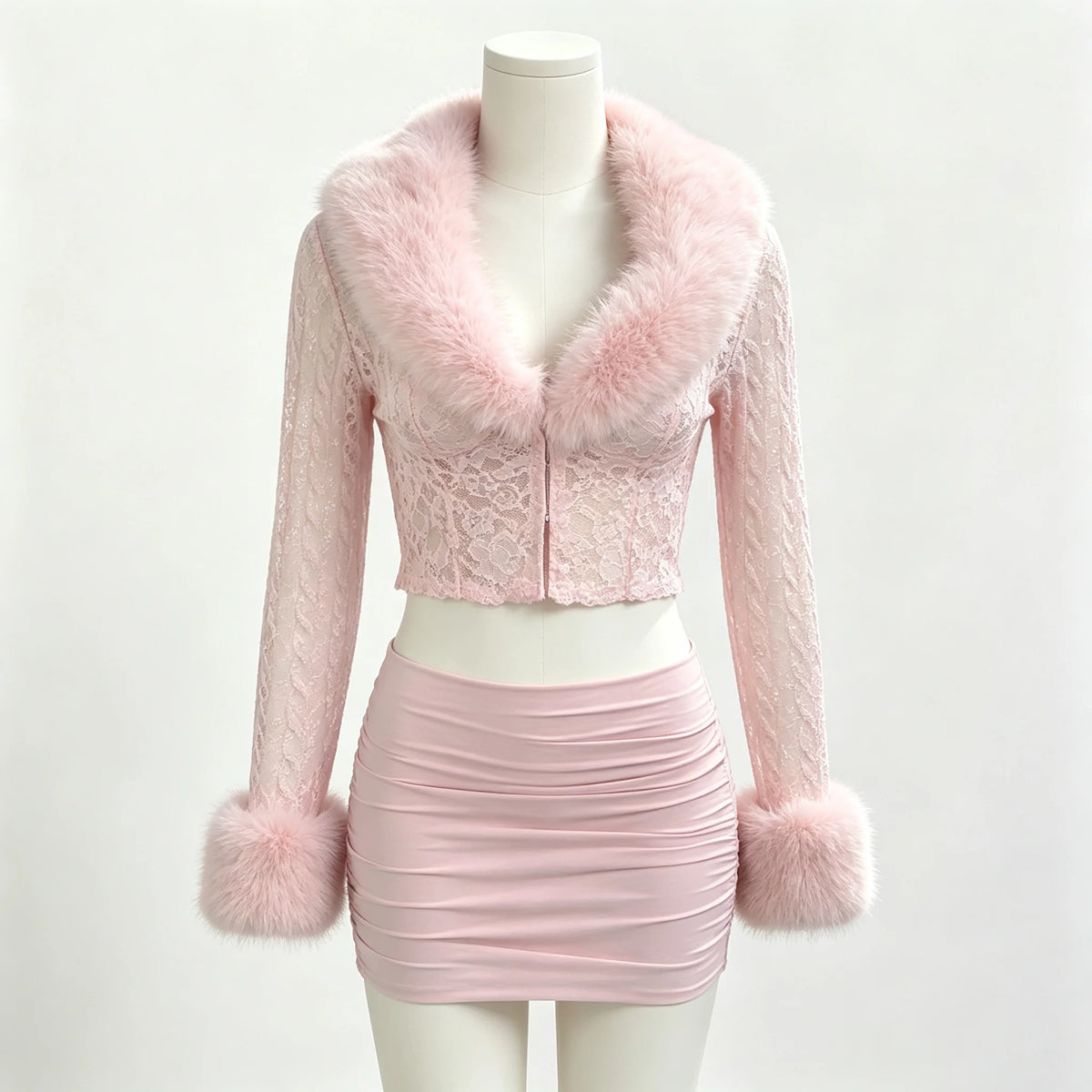 Ensemble Jupe et Haut Femme – Dentelle et Col Effet Fourrure