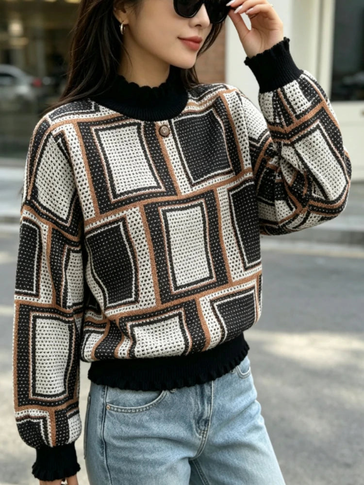Chemisier Vintage à Carreaux Femme – Col Montant