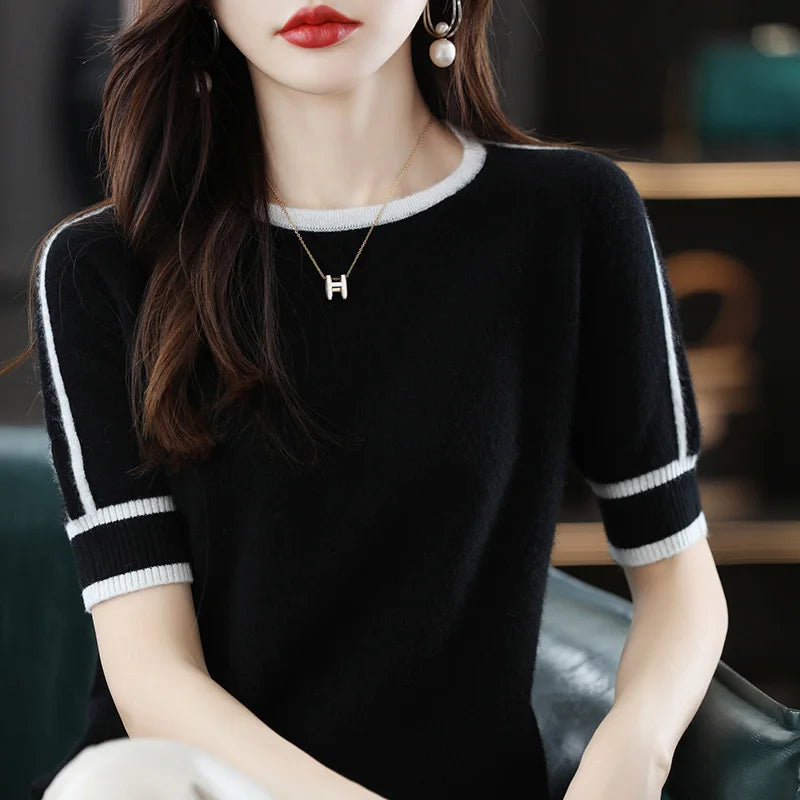 T-shirt en Maille Femme – Col Rond Contrastant