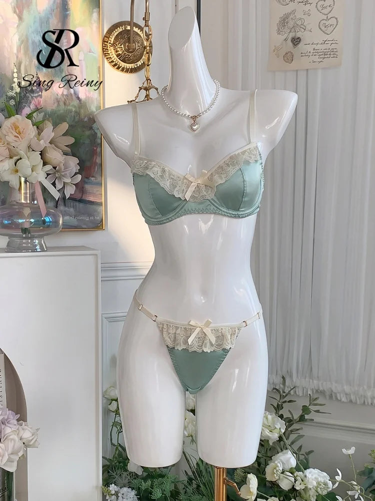 Ensemble Lingerie 2 Pièces Femme – Satin Vert et Dentelle