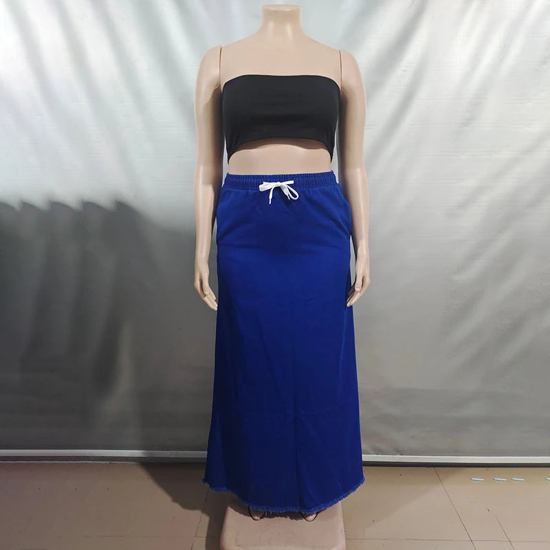 Jupe femme longue en jean bleu rétro
