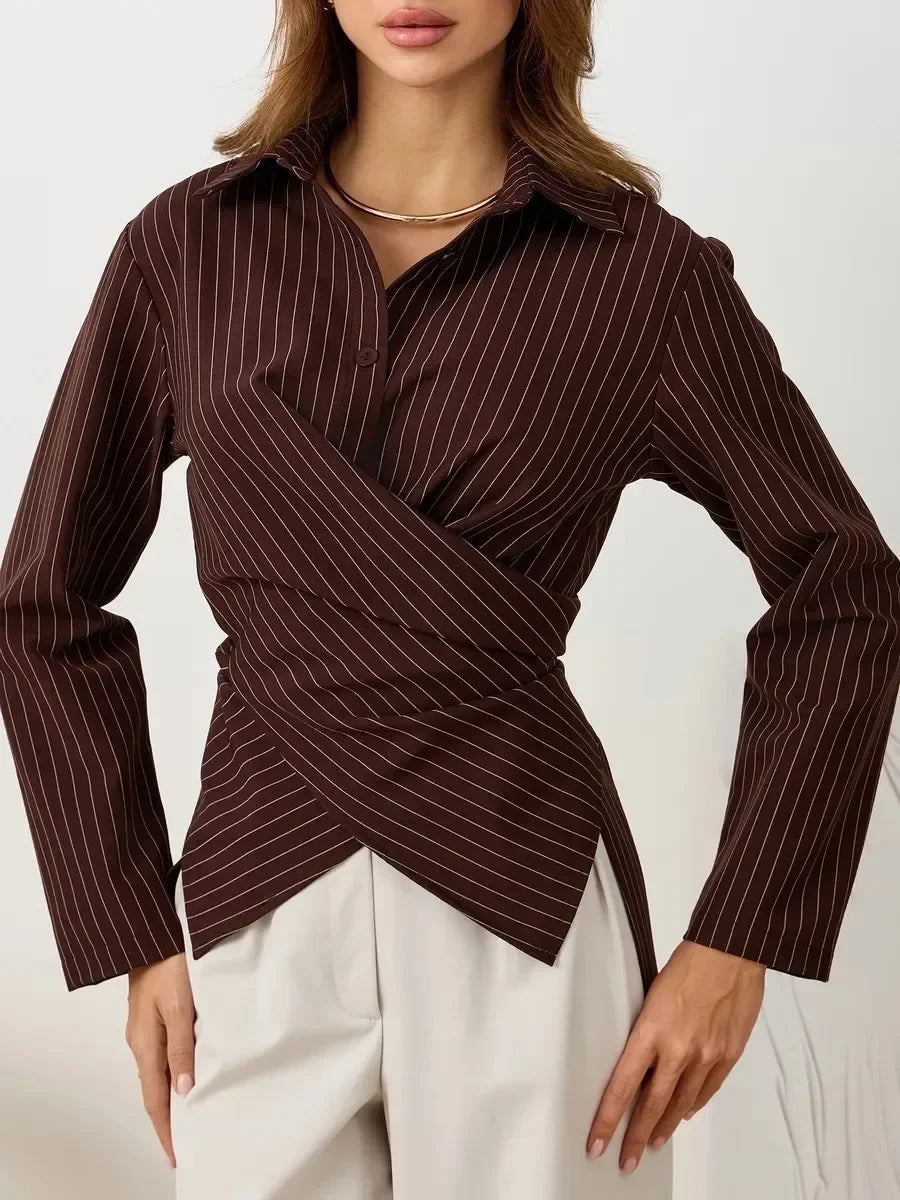 Chemise Rayée Femme – Col à Revers et Blocs de Couleurs