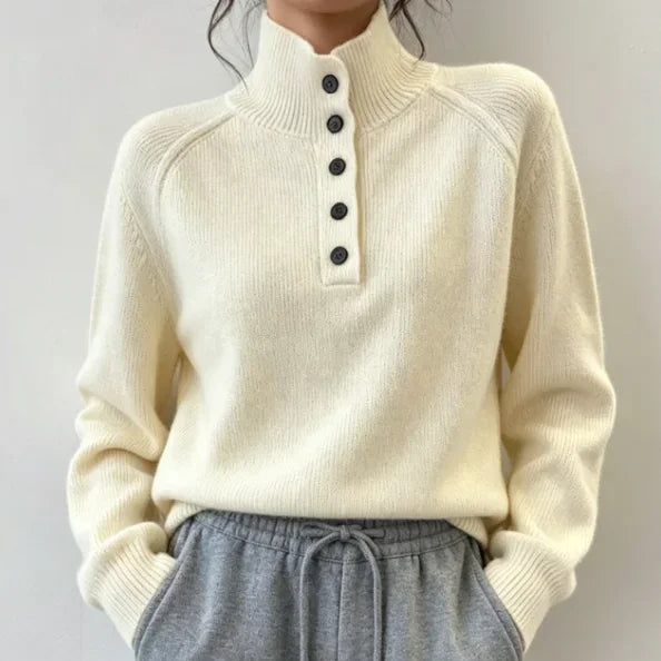 Pull Épais Femme – Col Montant et Demi-Boutonnage