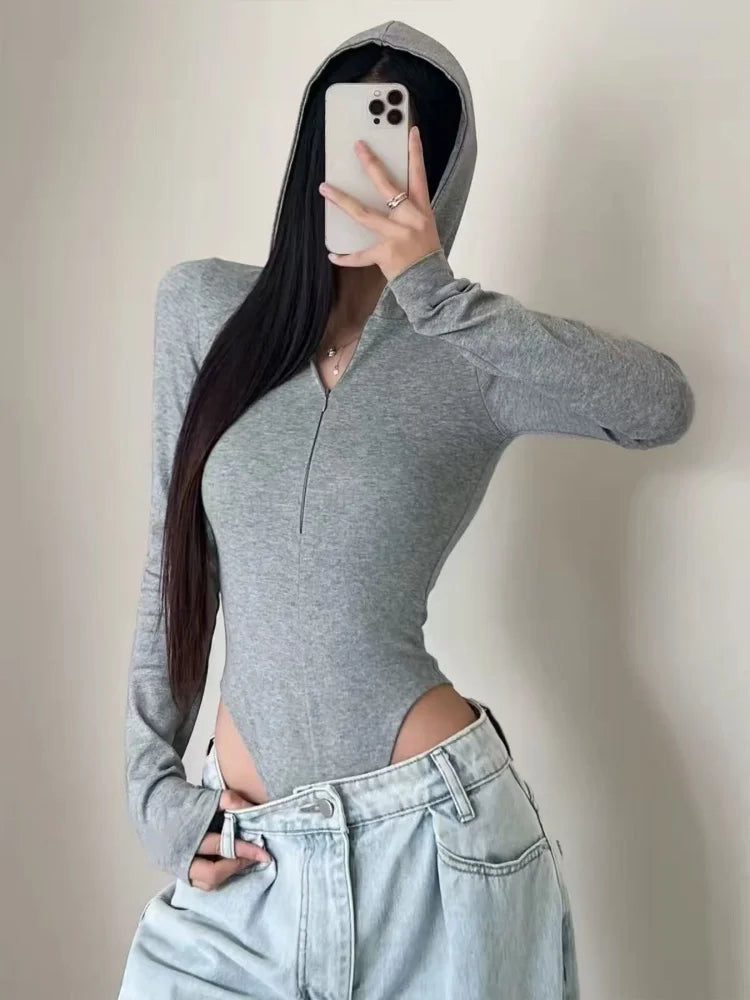 Body Zippé à Capuche et Manches Longues – Style Décontracté