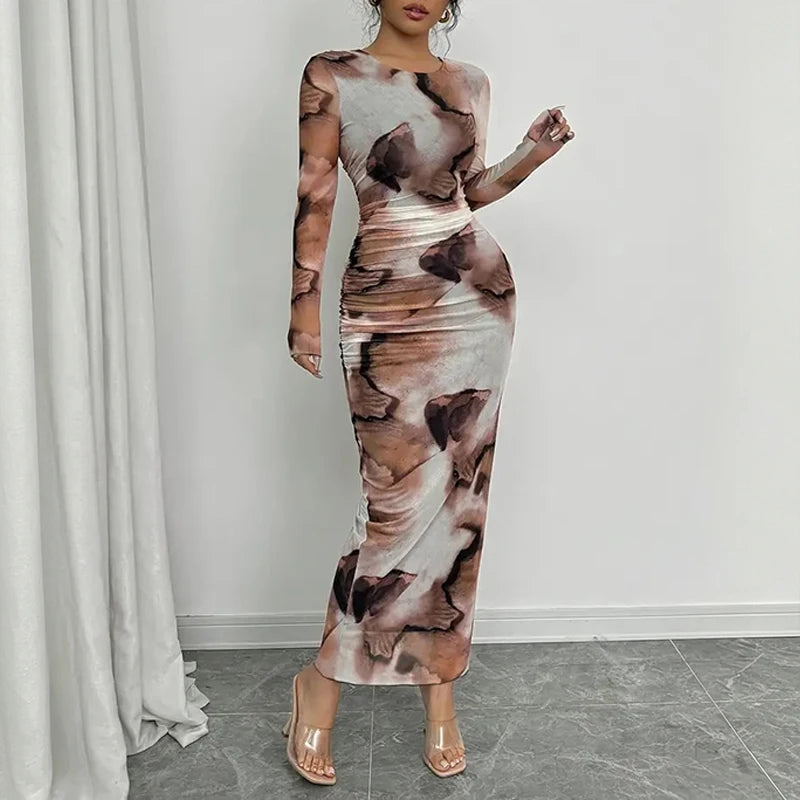 Robe longue femme moulante en maille transparente