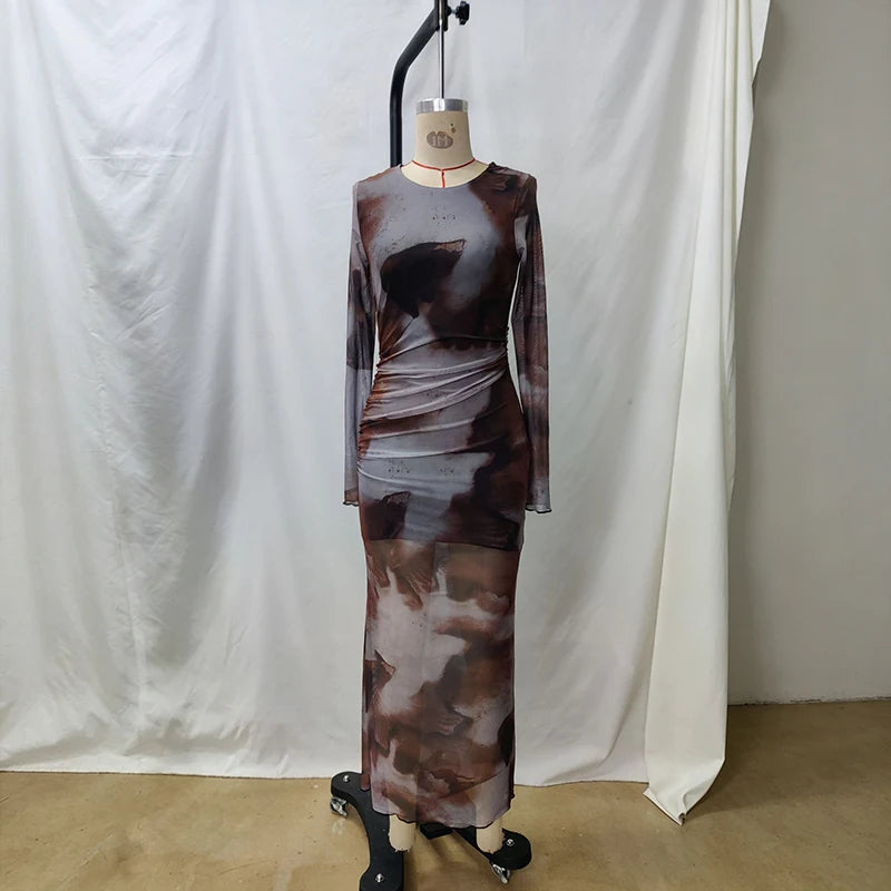 Robe longue femme moulante en maille transparente