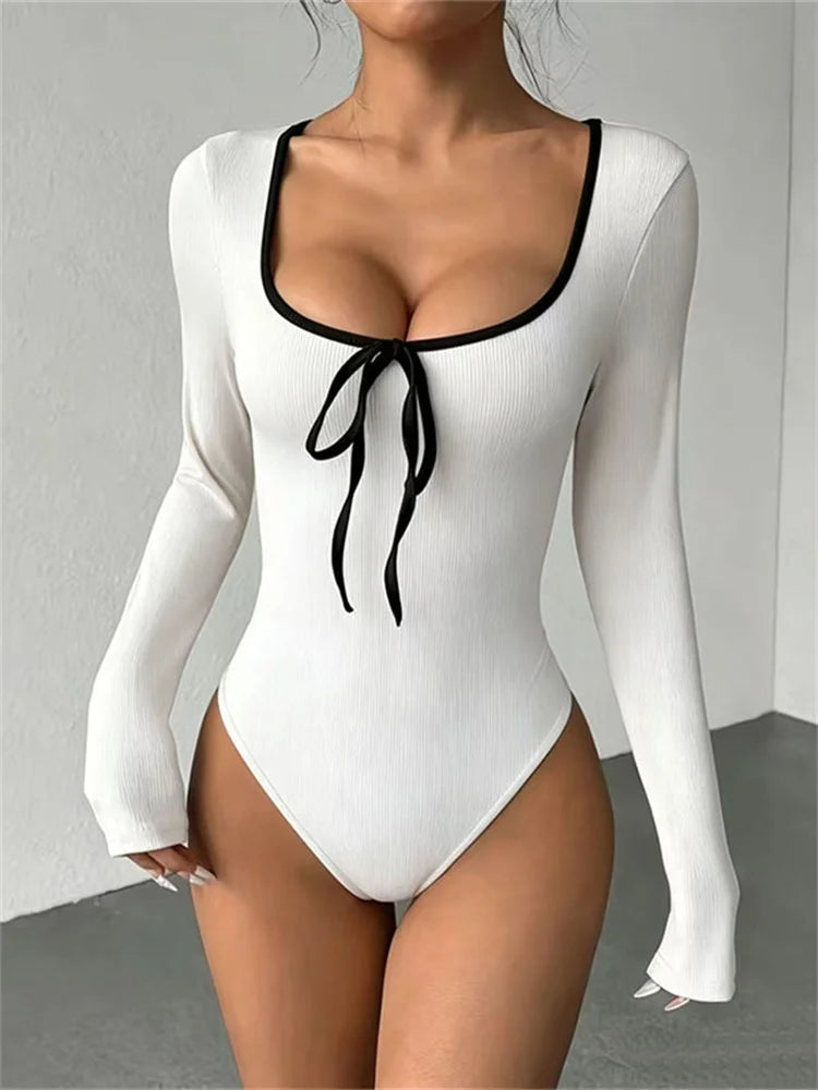 Body Femme Côtelé à Col Carré et Détail Nœud