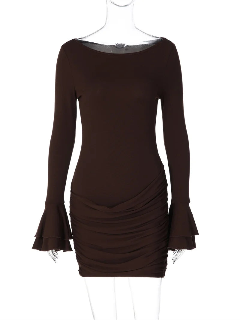 Robe moulante femme marron à manches évasées et drapé