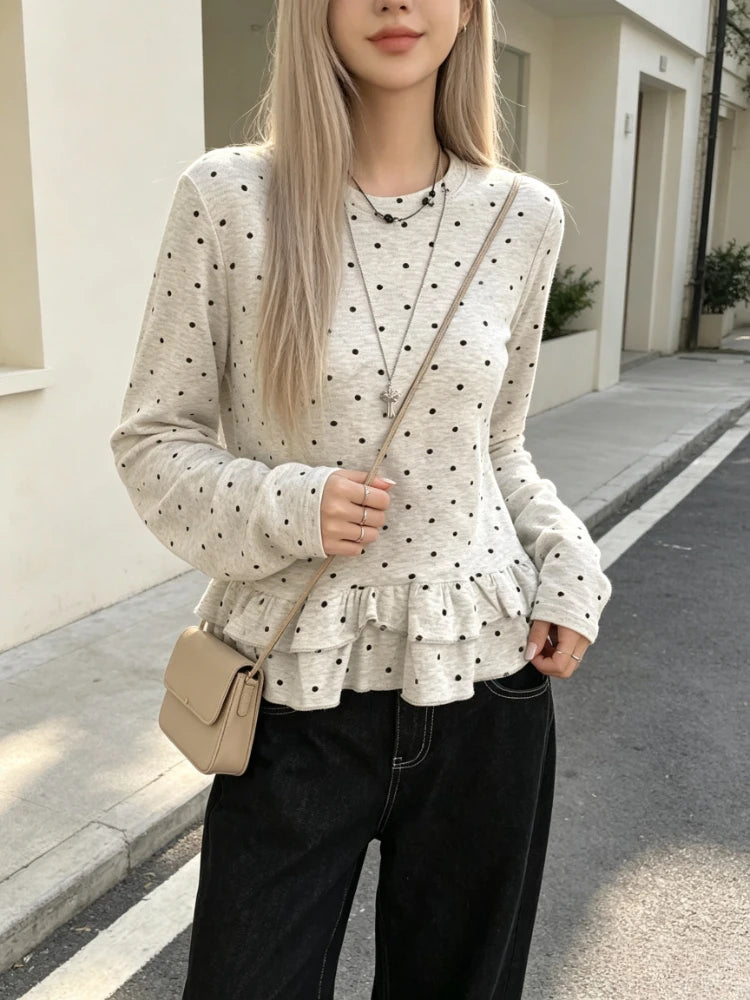 T-shirt à Pois Femme – Manches Longues et Finitions à Volants