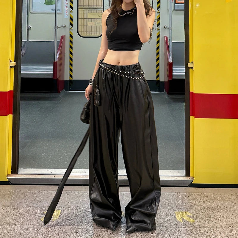 Pantalon large femme en simili cuir PU à taille élastique