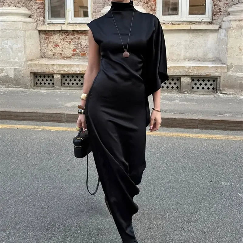 Robe Longue en Satin Uni Femme – Col Montant