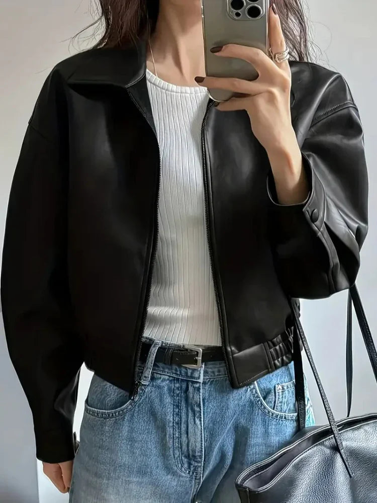 Veste Similicuir Femme – Revers et Manches Longues