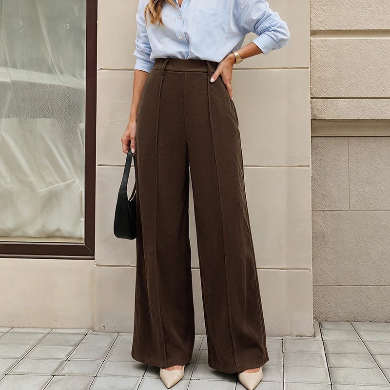 Pantalon large en velours côtelé à taille haute pour femme