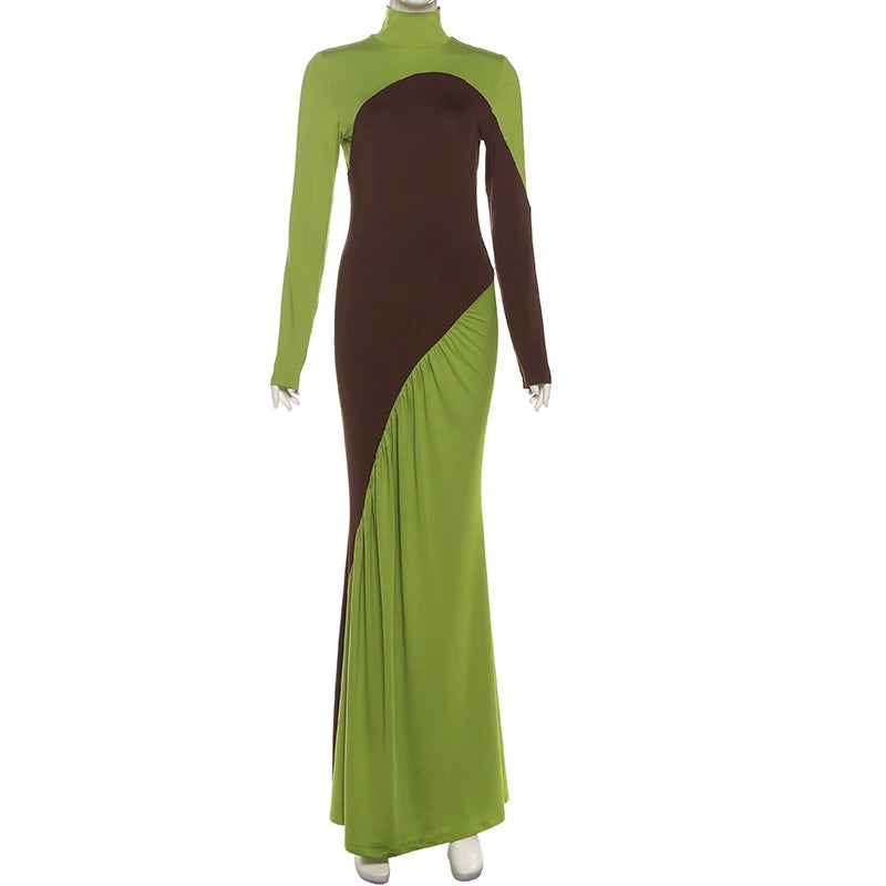 Robe longue femme ajustée multicolore à col montant et manches longues