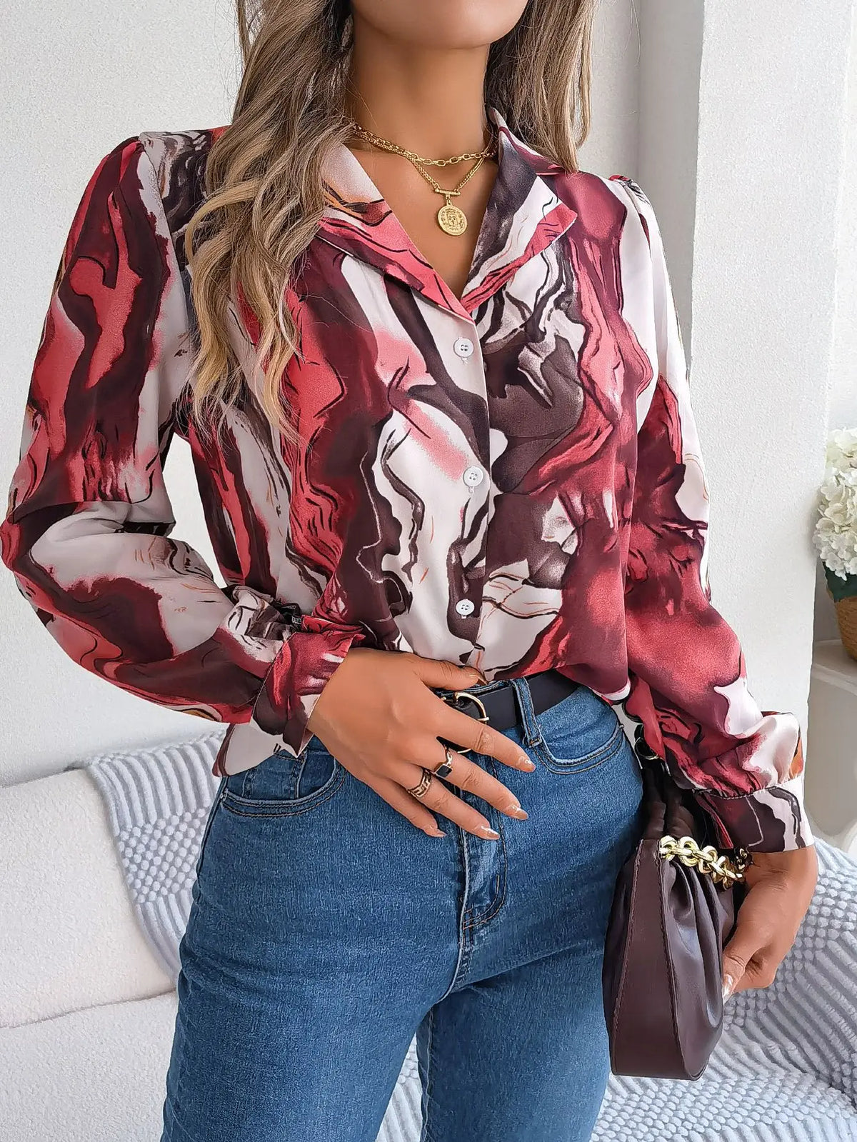Chemisier Imprimé Marbre Femme – Boutonné et Élégant