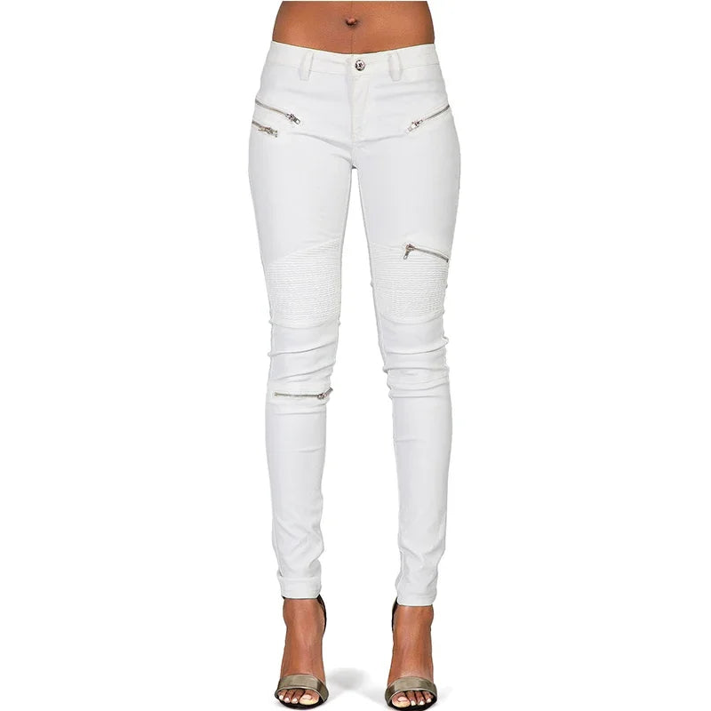 Pantalon Blanc Taille Basse en Similicuir à Détails Zippés
