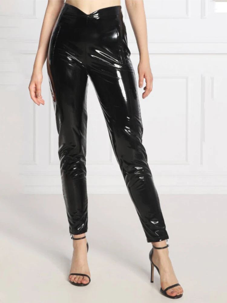 Legging Taille Haute en Similicuir Brillant Longueur Cheville