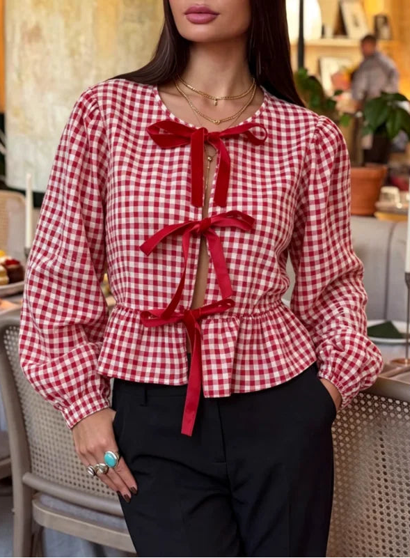 Chemise Courte à Carreaux Femme – Manches Bouffantes