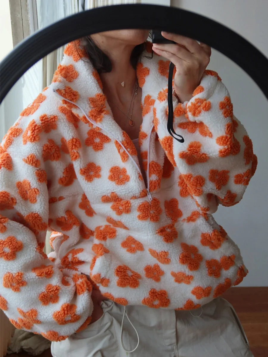 Sweat à Capuche Sherpa Femme – Fleurs et Demi-Zip