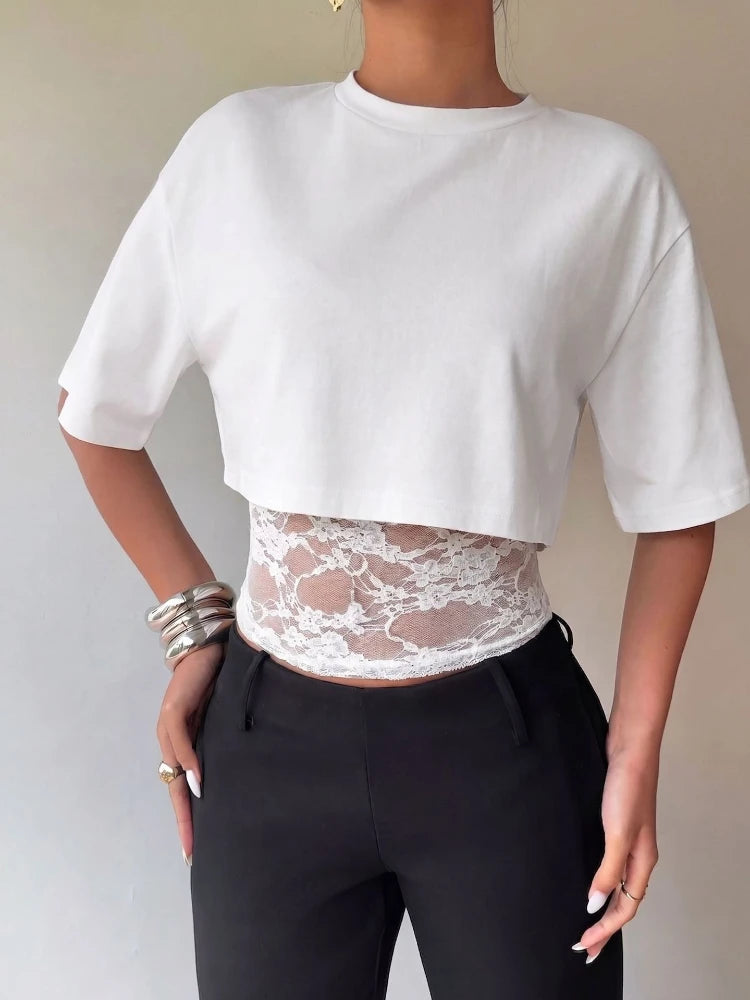 T-shirt Col Montant Femme – Effet Deux Pièces et Dentelle