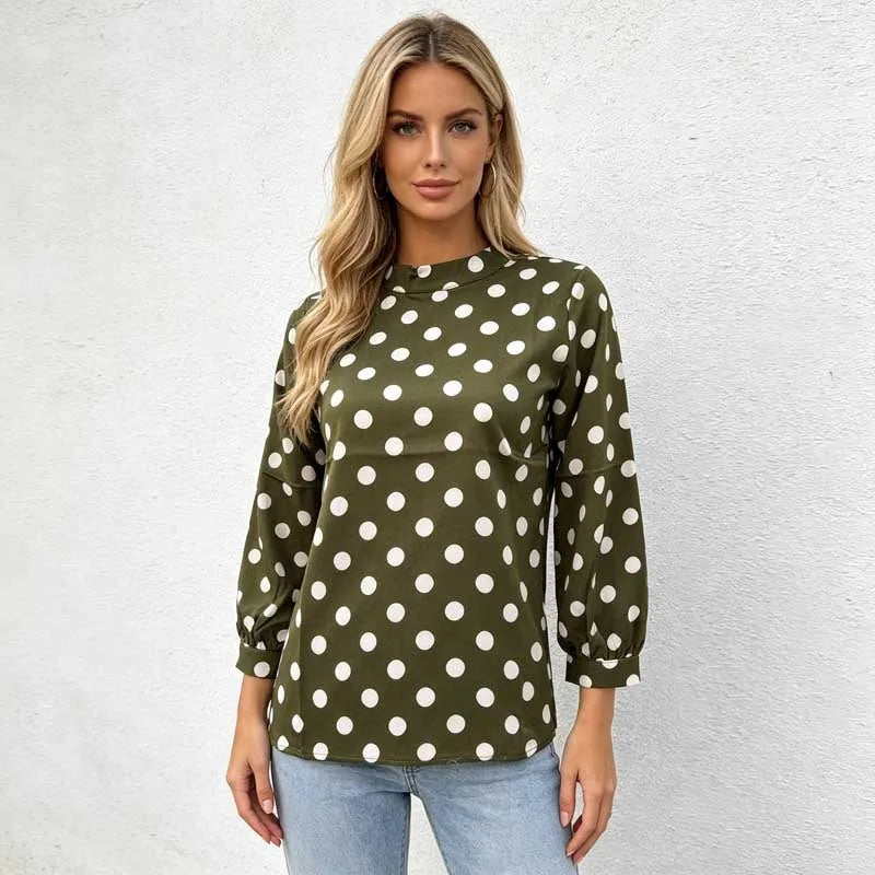 Chemisier à Pois Femme – Col Montant et Manches Longues