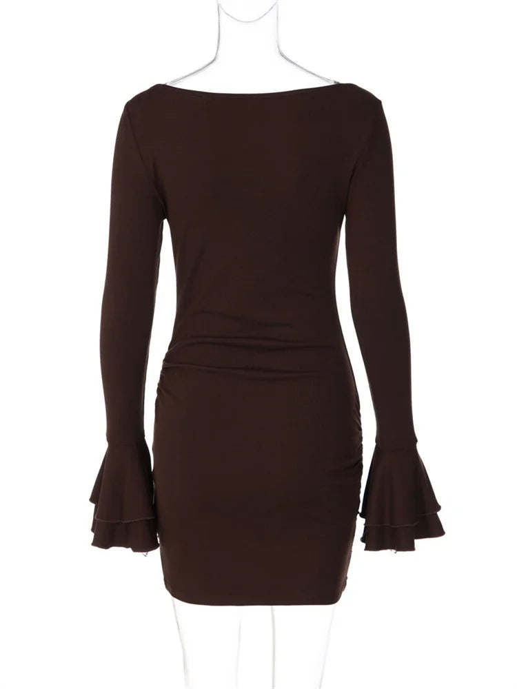 Robe moulante femme marron à manches évasées et drapé