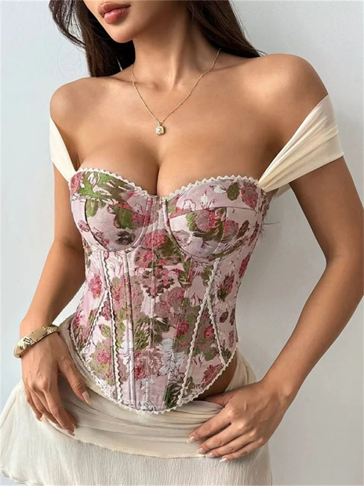Top corset femme rétro à imprimé roses roses