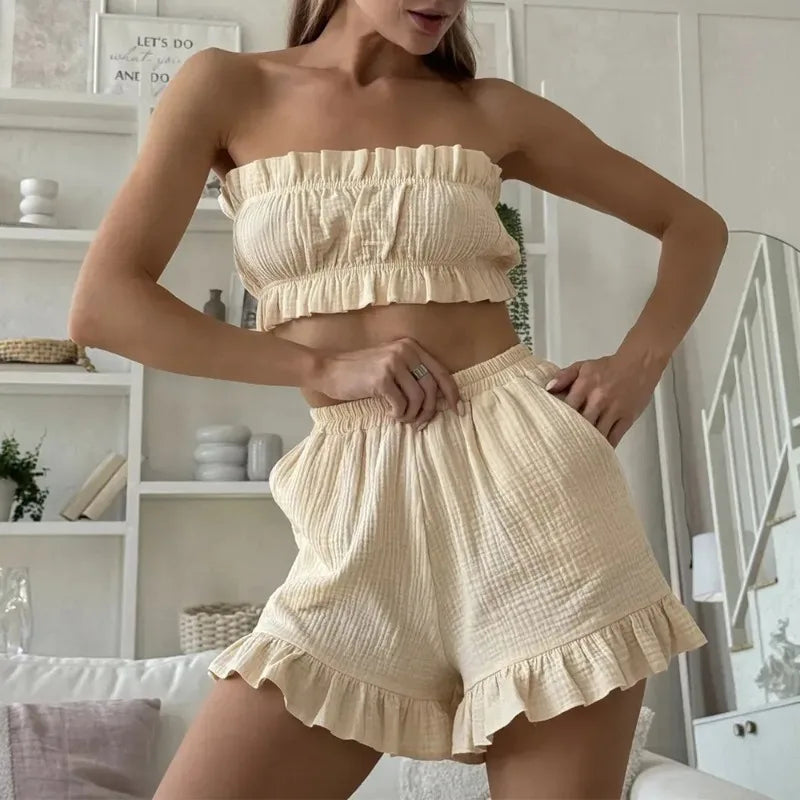 Ensemble Imprimé 2 Pièces Femme – Bustier et Short à Volants