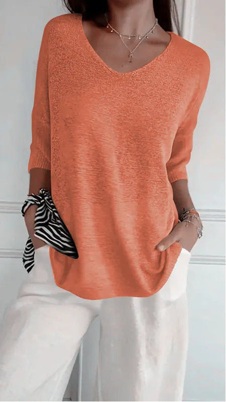 Chemise Décontractée Femme – Col V et Manches 3/4