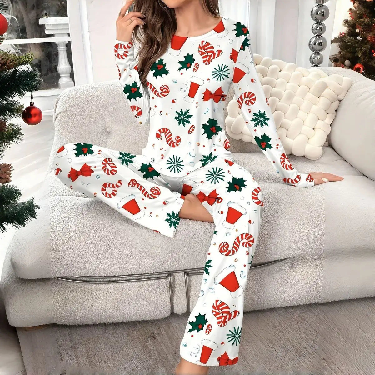 Pyjama de Noël Fleuri Femme – Haut Manches Longues et Pantalon