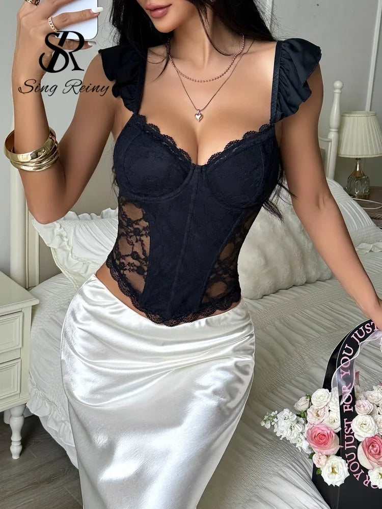 Débardeur Corset Noir Femme – Volants
