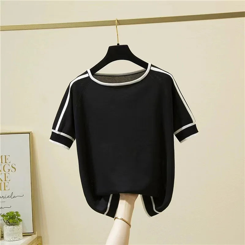 T-shirt en Maille Femme – Col Rond Contrastant